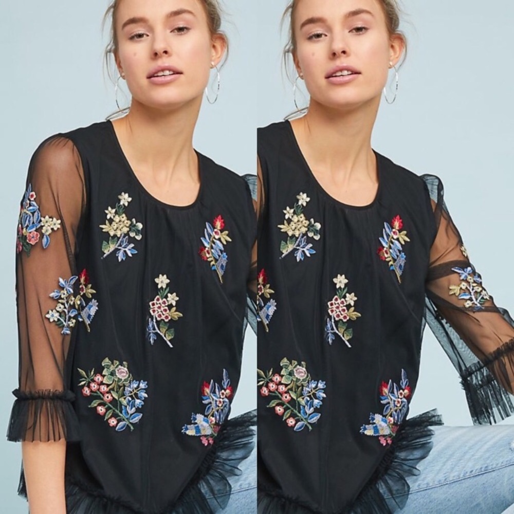 Anthro Ranna Gill Daria Embroidered Top Size S